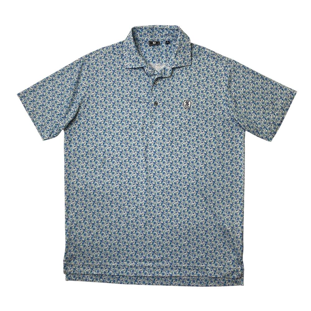 FootJoy Shirt Mens Large White All Over Ditsy Floral Print Performance Golf Polo